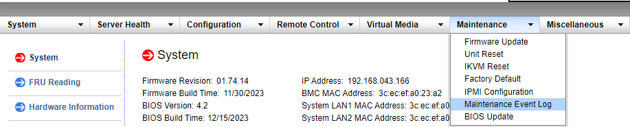 SMC altes BMC Maintenance Event Log Drop Down 