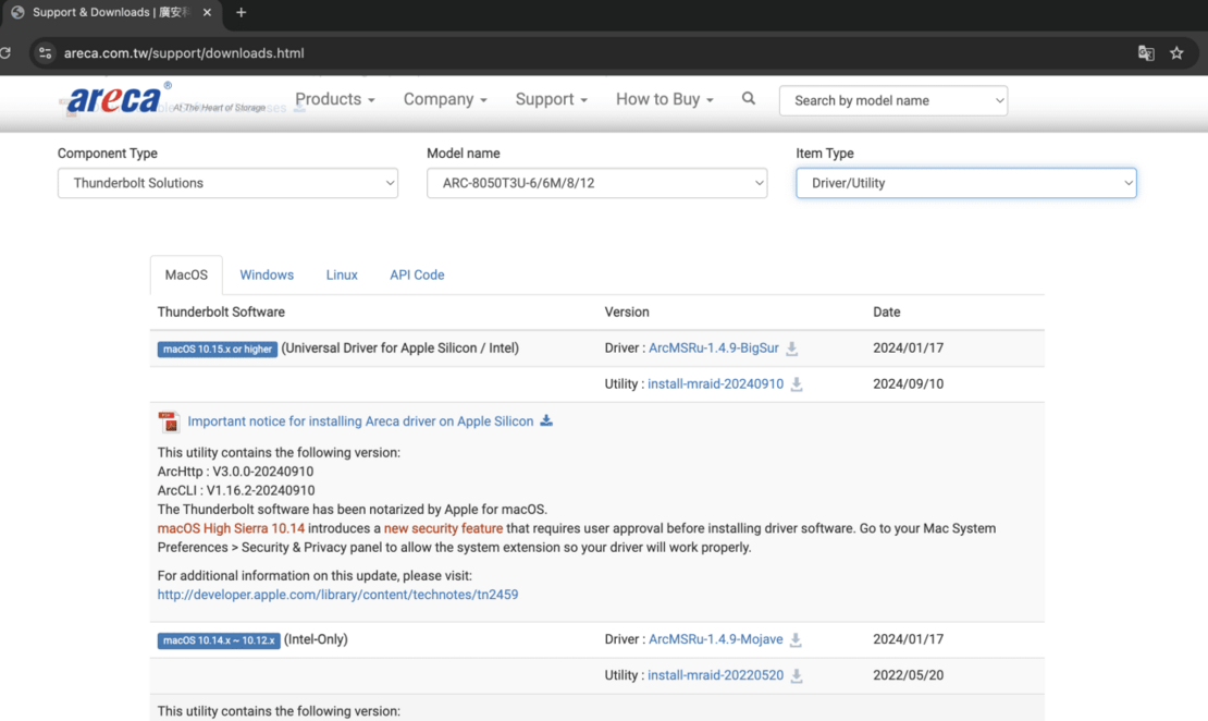 Areca Webseite Treiber macOS Areca Webseite Treiber macOS