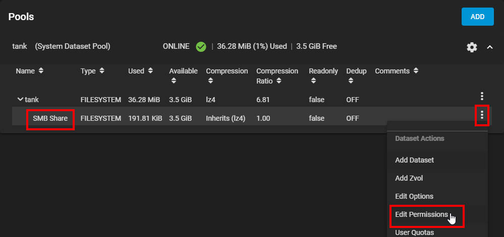 SMB Share - Dataset Permissions 1 SMB Share - Dataset Permissions 1