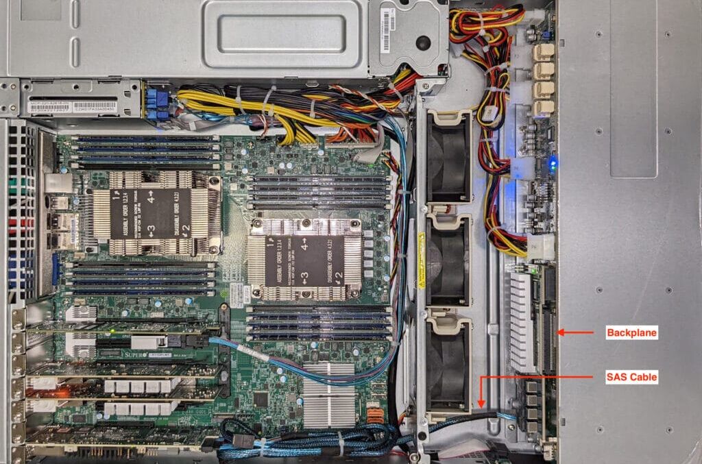Ein Supermicro-Server mit einem SAS3-216EL-Expander. Beachten Sie die einzelnen SAS-Kabel, die zwischen der Backplane und dem HBA verlaufen. Backplane_Single_Cable-1024x707